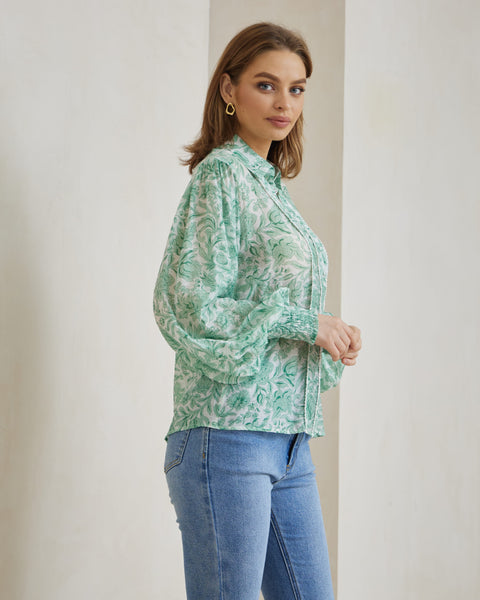 IRIS MAXI Long Sleeve Green Floral Shirt