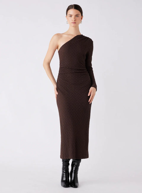 ESMAEE Exile One Shoulder Midi Dress Chocolate