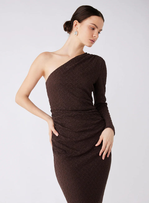 ESMAEE Exile One Shoulder Midi Dress Chocolate