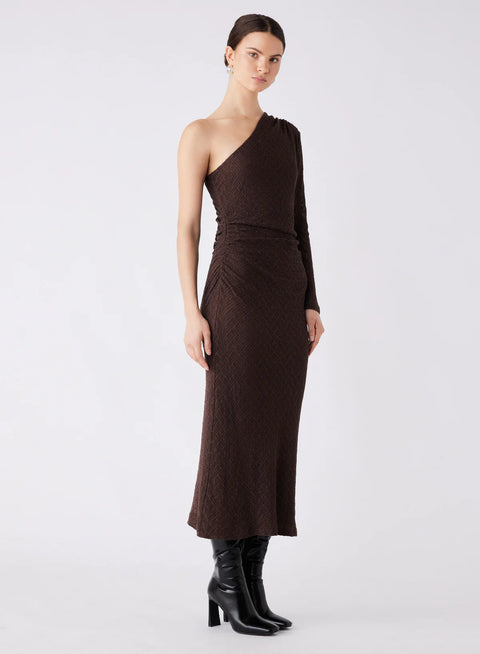 ESMAEE Exile One Shoulder Midi Dress Chocolate