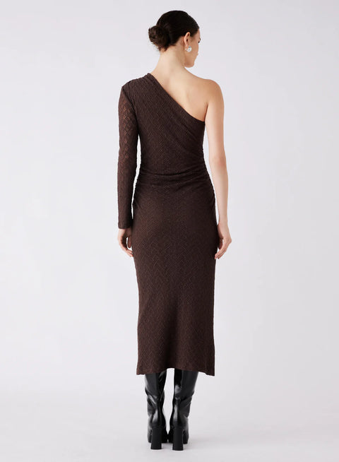 ESMAEE Exile One Shoulder Midi Dress Chocolate