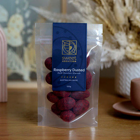 SWEET ADDICTION Raspberry Dusted Dark Chocolate Almonds