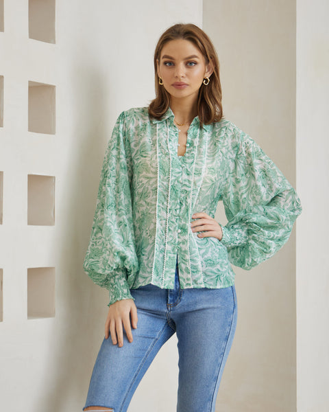 IRIS MAXI Long Sleeve Green Floral Shirt