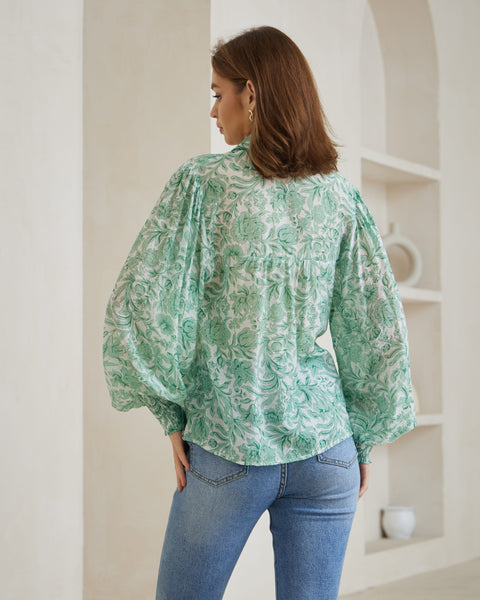 IRIS MAXI Long Sleeve Green Floral Shirt