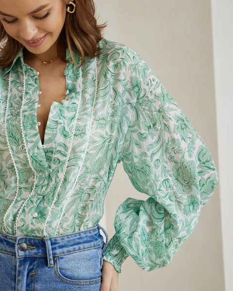 IRIS MAXI Long Sleeve Green Floral Shirt