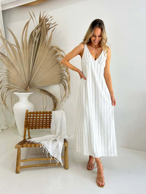 MYLK THE LABEL Matilda Tie Maxi Dress Monochrome Stripe