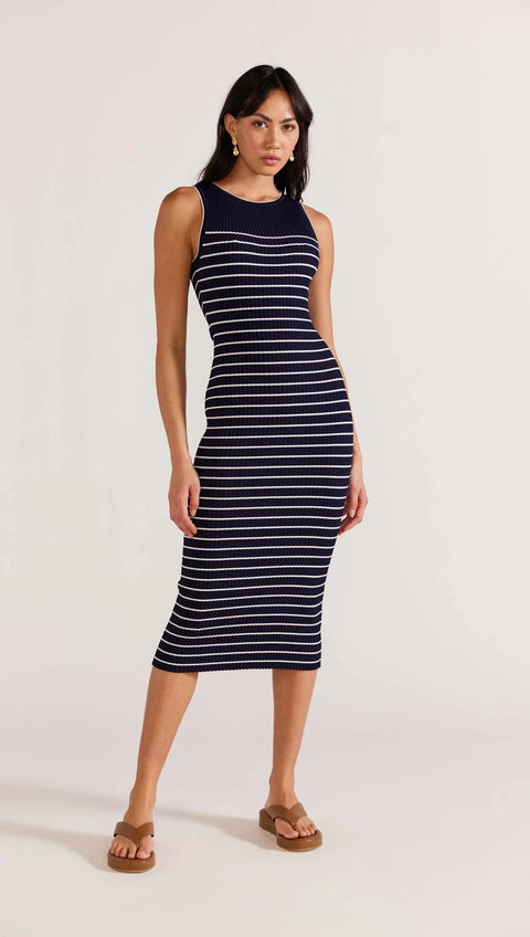 STAPLE THE LABEL Kiana Stripe Knit Midi Dress - Navy Stripe