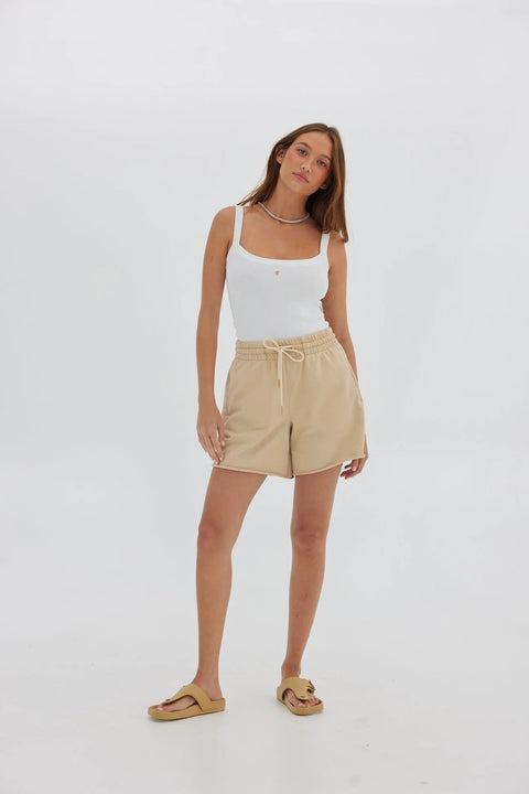 TOAST SOCIETY Jersey Raw Hem Short Tan