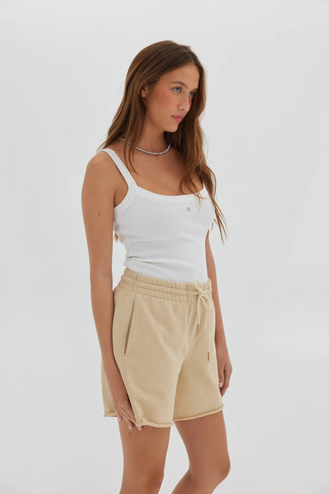 TOAST SOCIETY Jersey Raw Hem Short Tan