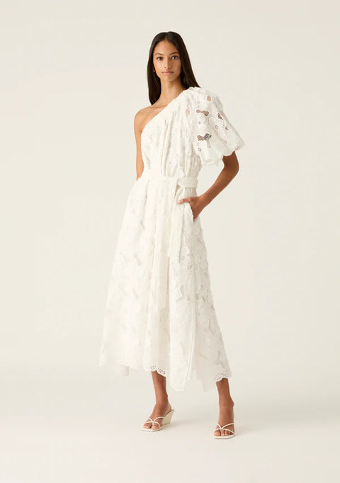 MOS THE LABEL Luna Embroidery One Shoulder Dress White