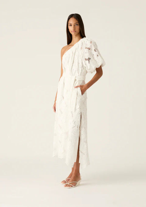 MOS THE LABEL Luna Embroidery One Shoulder Dress White