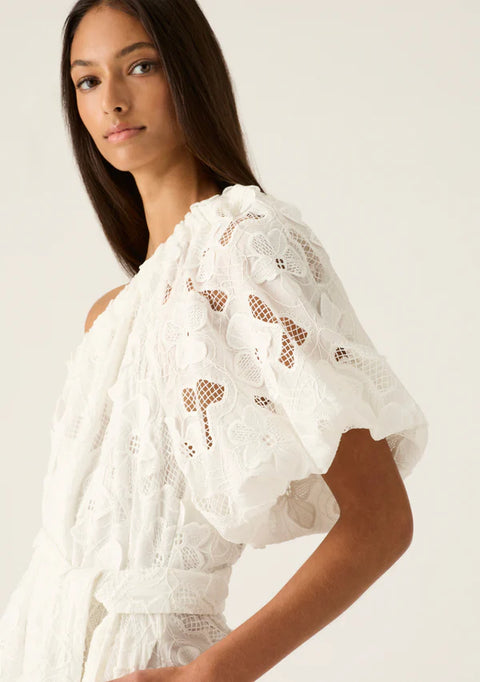 MOS THE LABEL Luna Embroidery One Shoulder Dress White