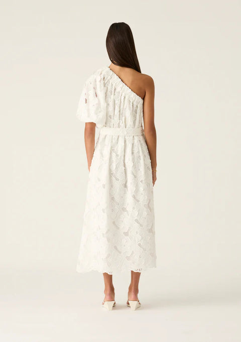 MOS THE LABEL Luna Embroidery One Shoulder Dress White